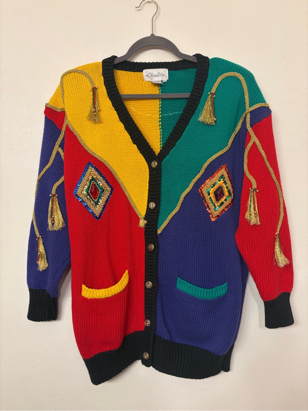 Vintage Christine Colorblock Jewel Tassel Cardigan Sweater Beaded Sequin 80s XL